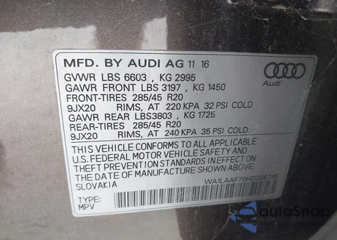 2017 Audi Q7 3.0T Premium from USA, damaged, VIN WA1LAAF79HD036790